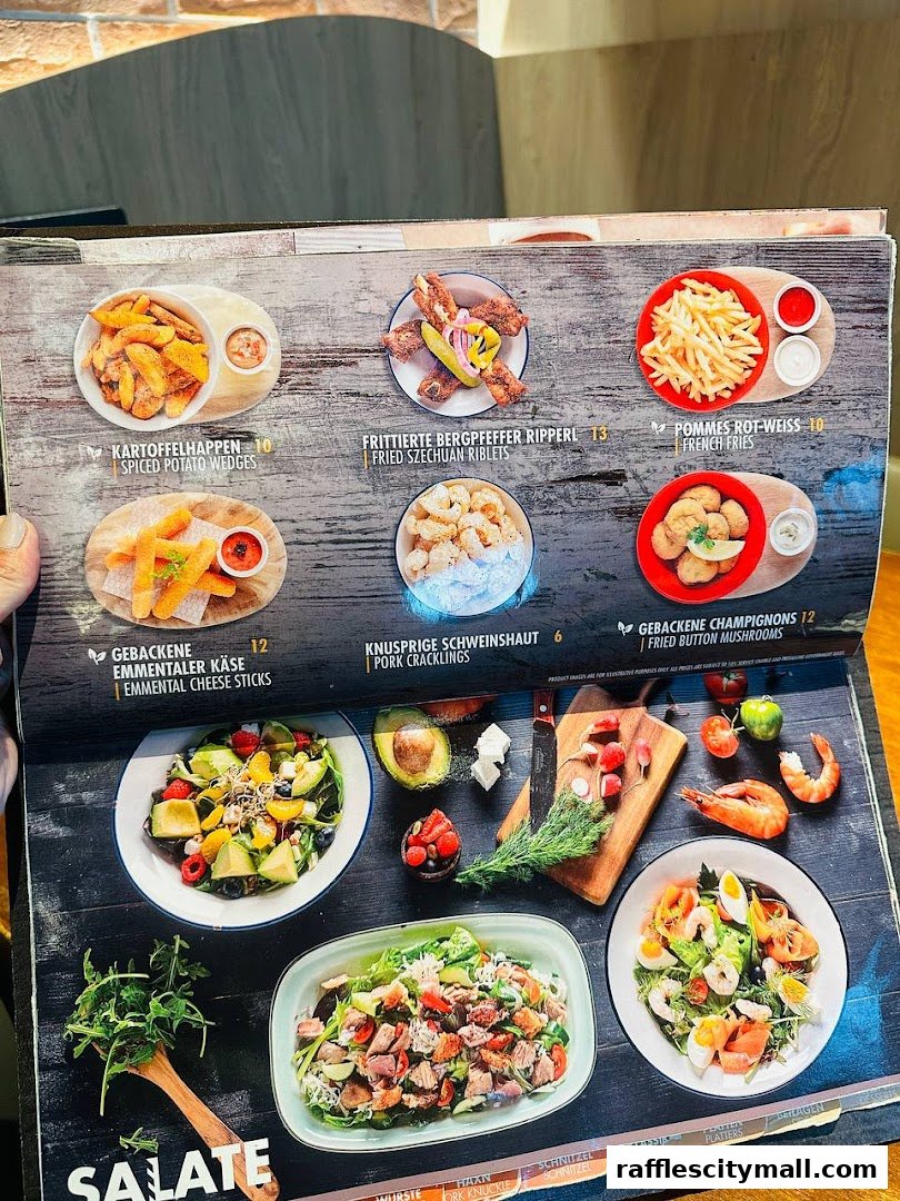 A menu featuring various appetizers and salads with appealing food photography.