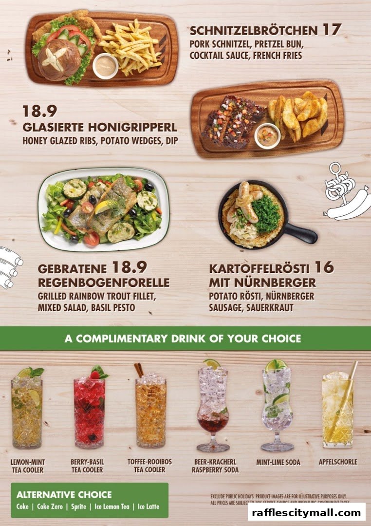 A menu showcasing German cuisine with dishes like schnitzel, ribs, trout, and potato rösti, plus various drinks.