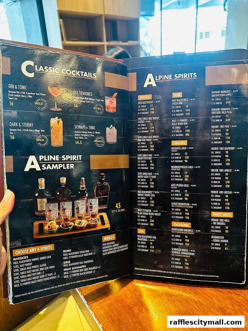 A menu featuring classic cocktails, alpine spirits, and nibbles with prices and descriptions.