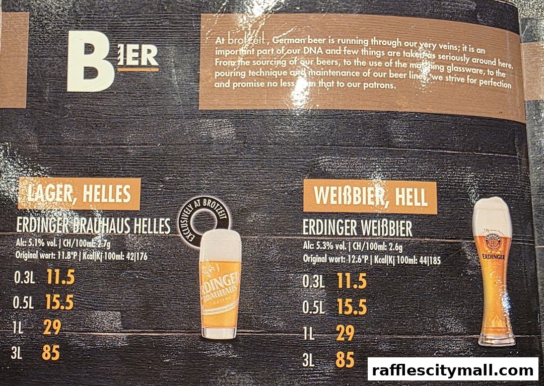 A menu showcasing two types of German beer with prices and details.