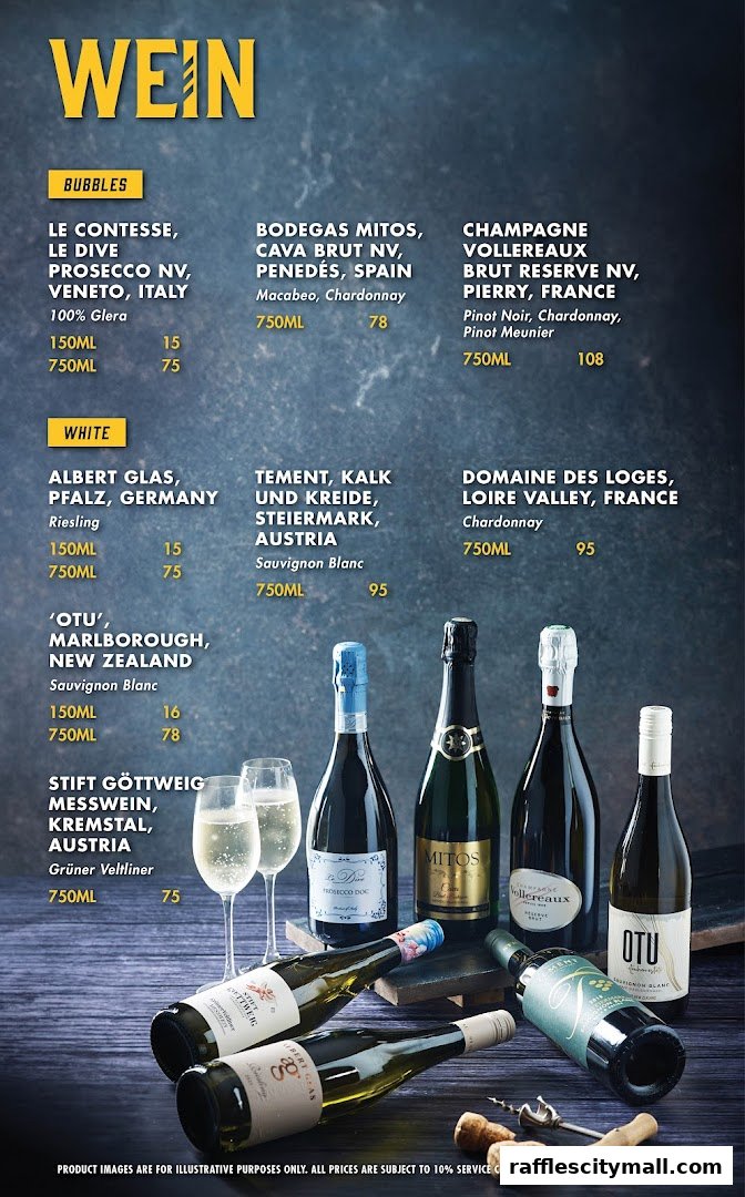 A menu showcasing a selection of wines, including sparkling and white varieties, with bottles and glasses pictured.