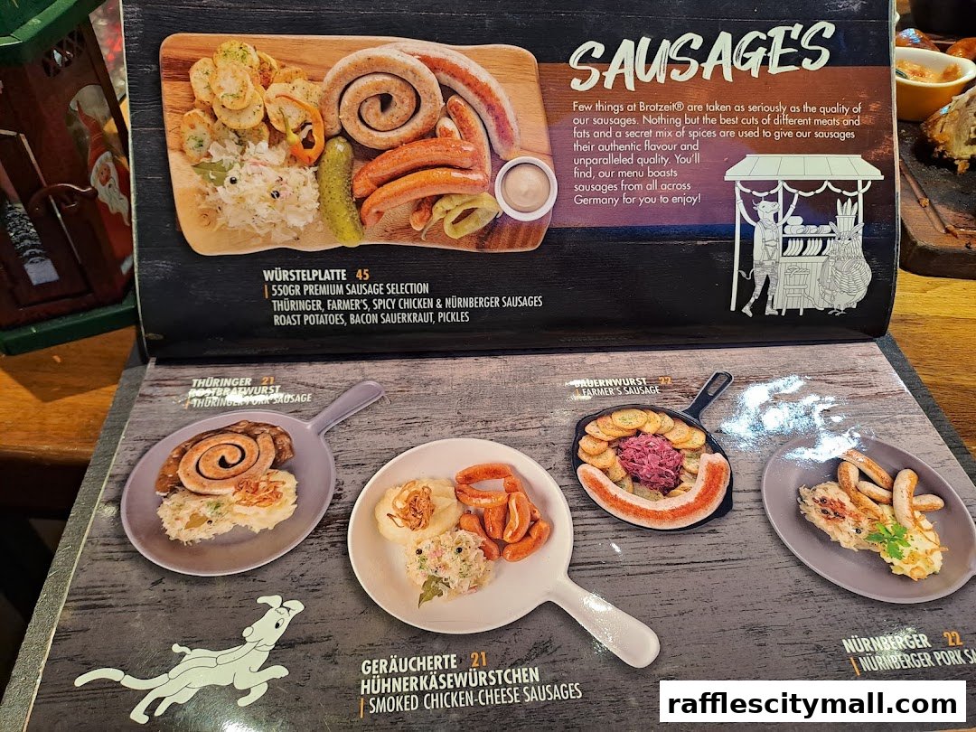 A menu showcasing various German sausages and their accompaniments.