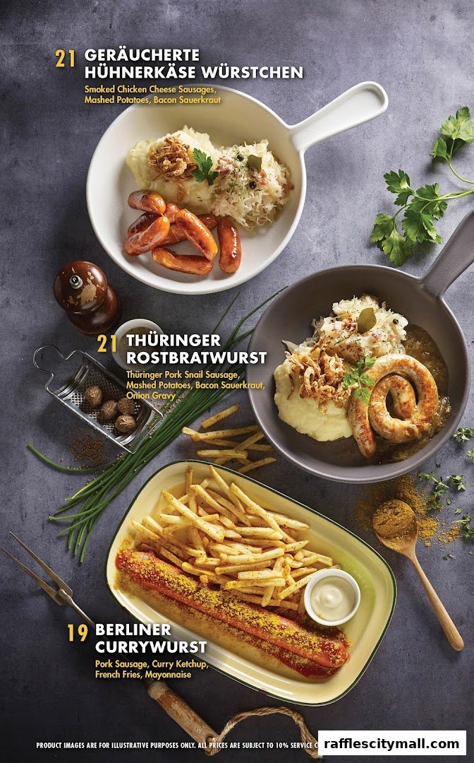 A menu showcasing three German sausage dishes with sides like mashed potatoes and sauerkraut.