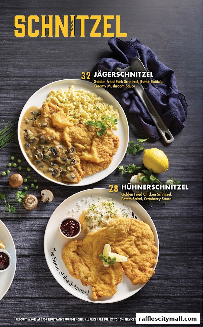 A menu showcasing two schnitzel dishes with accompanying sides and sauces.