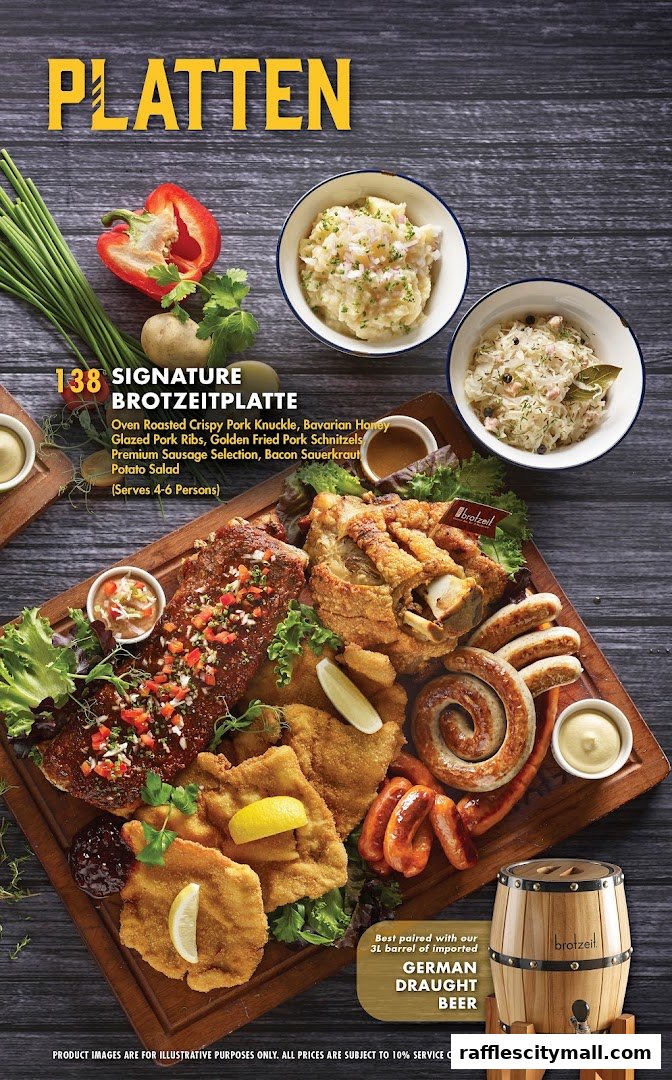 A large platter of German food including pork knuckle, ribs, schnitzels, sausages, and sides.