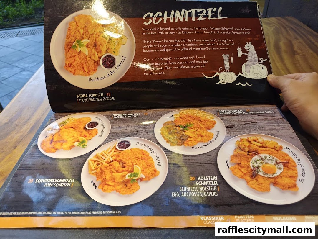 A menu showcasing various schnitzel dishes with accompanying descriptions and prices.