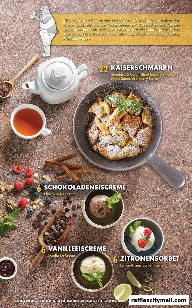 A spread of delicious Austrian desserts including Kaiserschmarrn and ice cream.