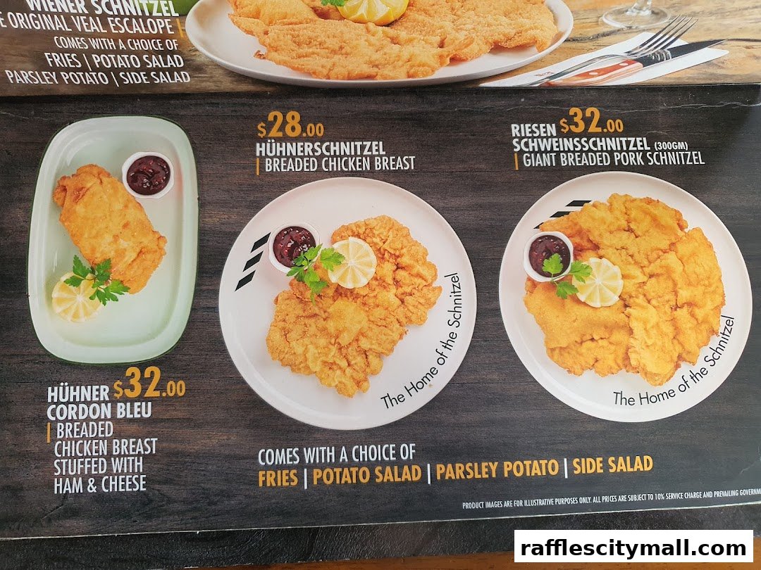 A menu showcasing various schnitzel dishes with prices and descriptions.
