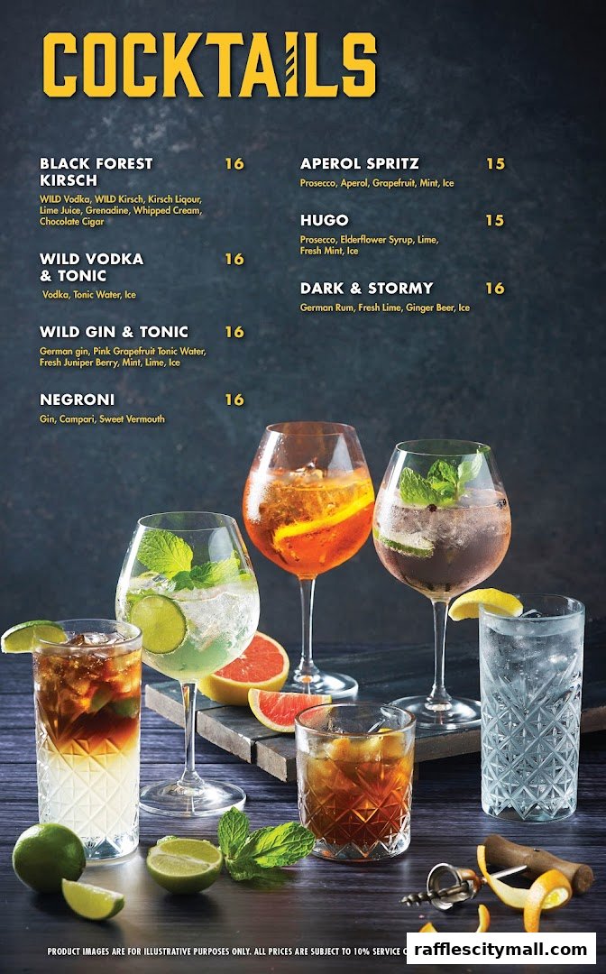 A menu showcasing various cocktails with their ingredients and prices, accompanied by appealing visuals of drinks.