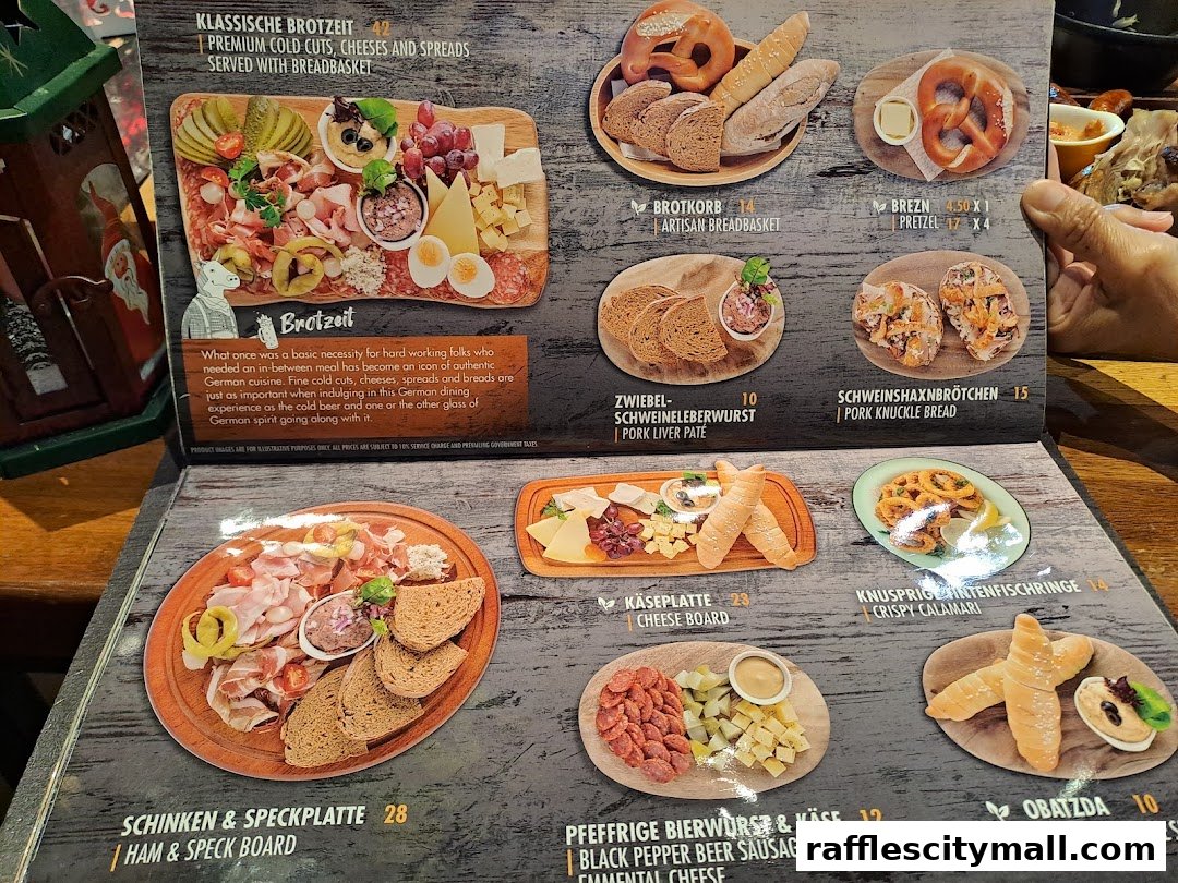 A menu featuring German cuisine, including cold cuts, cheeses, breads, and calamari.