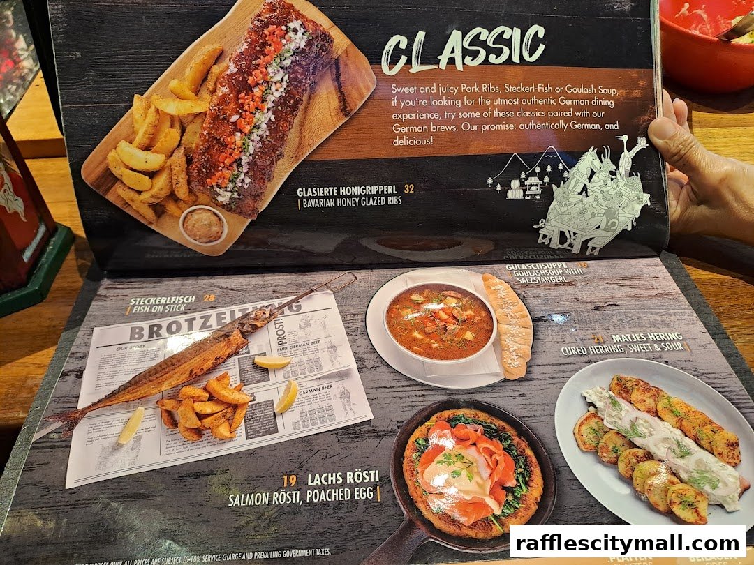 A menu featuring German dishes like glazed ribs, fish on a stick, and goulash soup.
