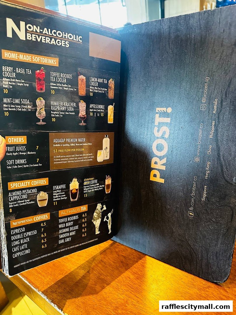 A menu from Brotzeit Raffles City featuring non-alcoholic beverages and specialty coffees.