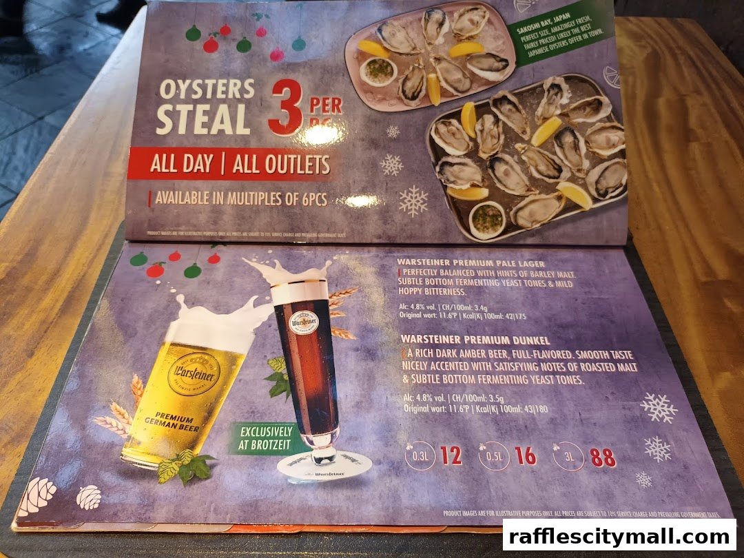A menu featuring oysters and Warsteiner beer with promotional pricing.