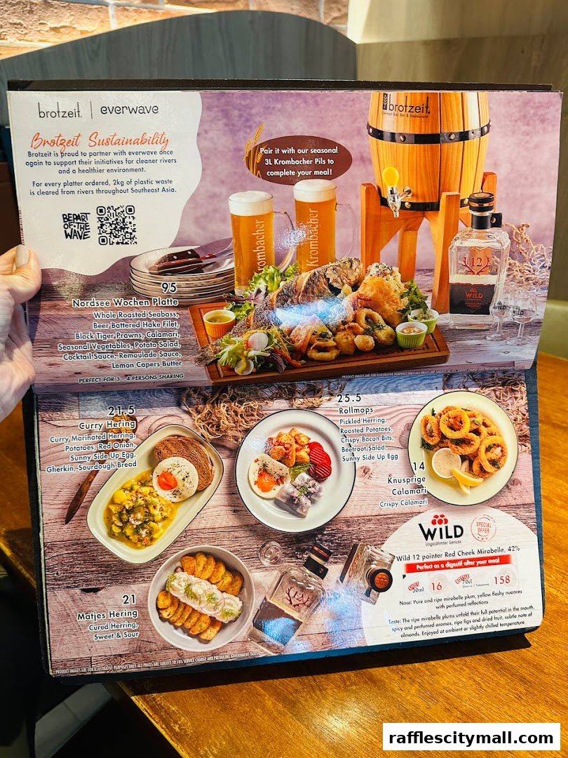 A menu from Brotzeit featuring various seafood dishes and drinks, including a large platter and individual herring options.