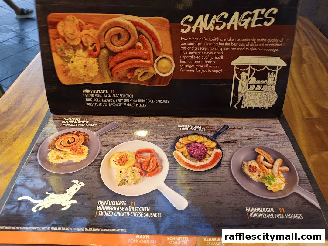 A menu showcasing various German sausages and their accompaniments at Brotzeit Raffles City.
