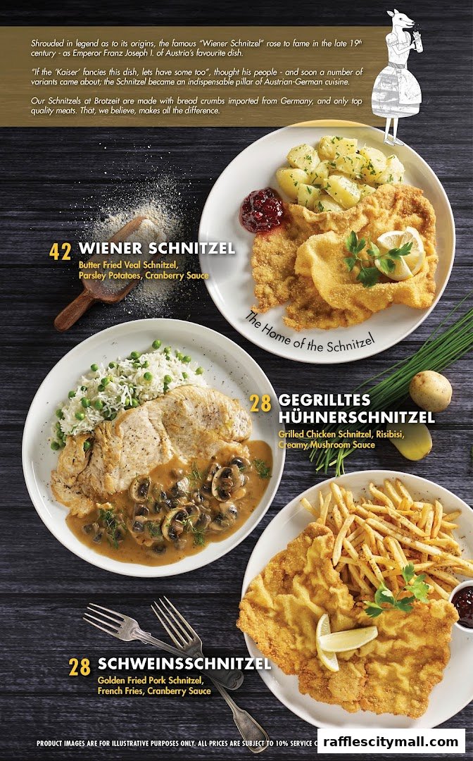 A menu showcasing three different schnitzel dishes with descriptions and prices.
