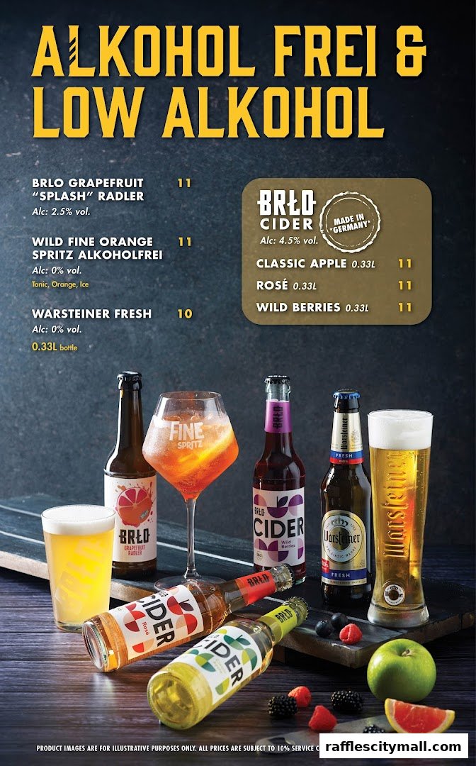 A menu showcasing alcohol-free and low-alcohol beverages with product images.
