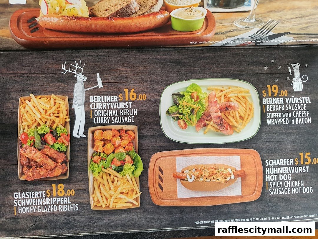 A menu featuring German sausages, ribs, and fries with prices and descriptions.