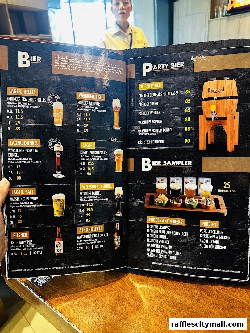 A menu featuring various beers, including lagers, wheat beers, and a beer sampler, with prices and descriptions.