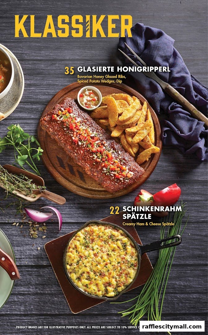 A menu featuring Bavarian honey glazed ribs and creamy ham & cheese spätzle.