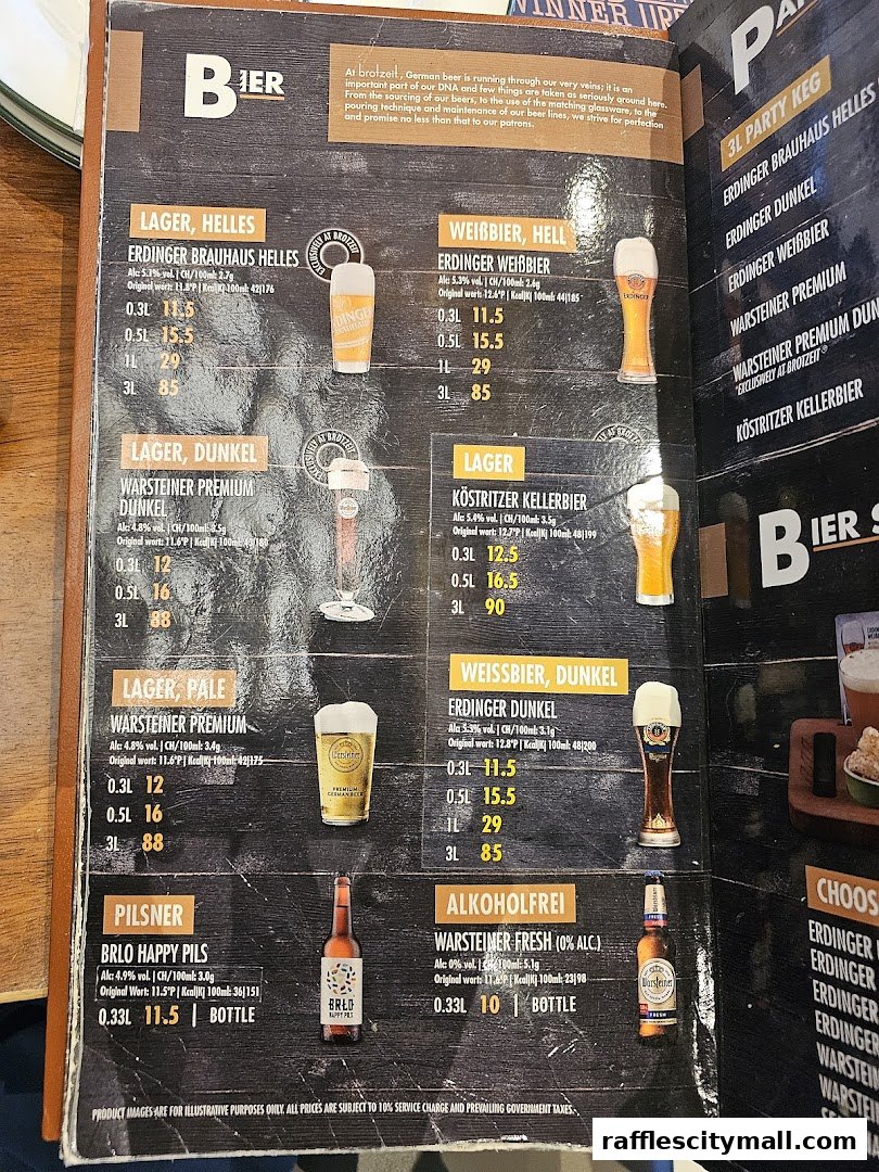 A menu page showcasing various German beers with descriptions and prices.