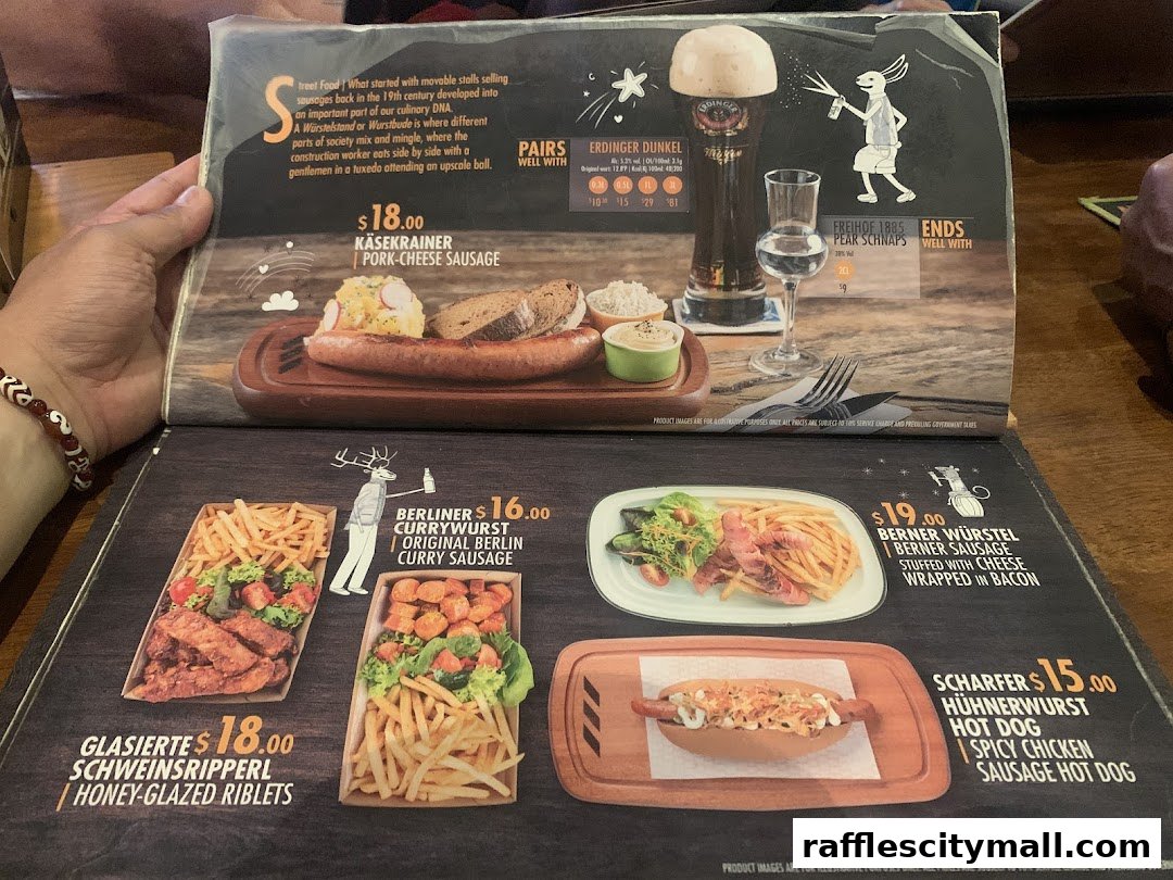 A menu featuring German sausages, ribs, and beer with enticing descriptions and prices.