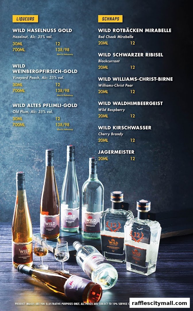 A menu showcasing various liqueurs and schnapps with bottle images and pricing.
