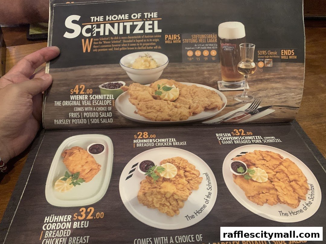 A menu showcasing various schnitzel dishes with prices and descriptions.