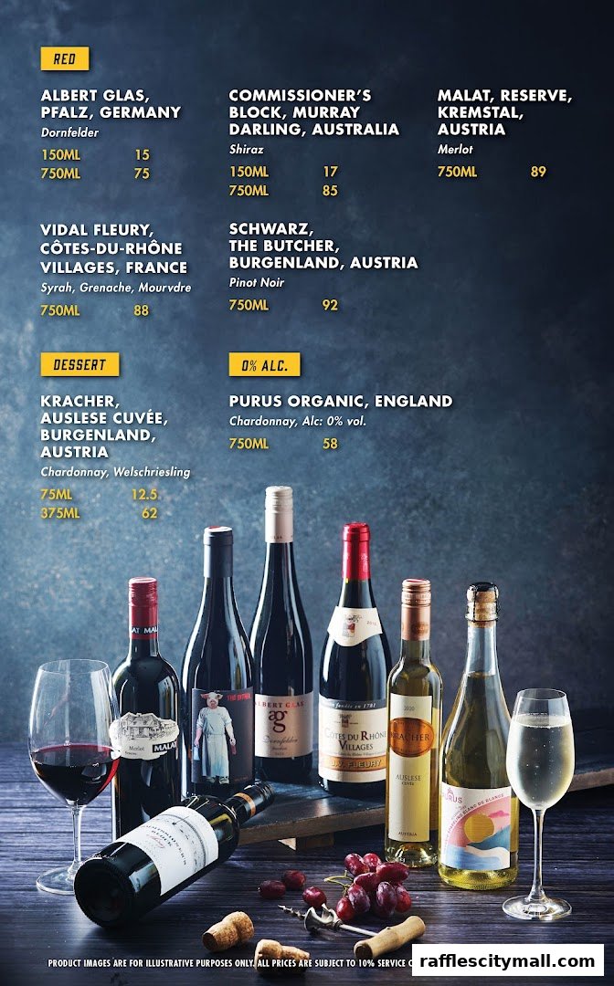 A selection of red, dessert, and non-alcoholic wines with prices and descriptions.