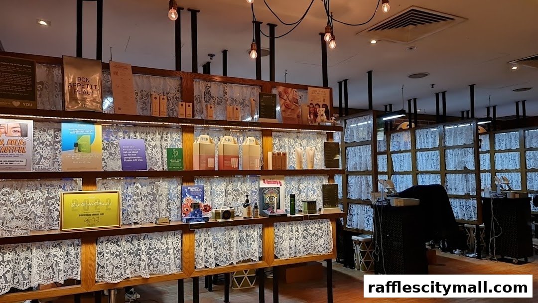 Interior view of a beauty salon with shelves displaying skincare products and decorative elements.