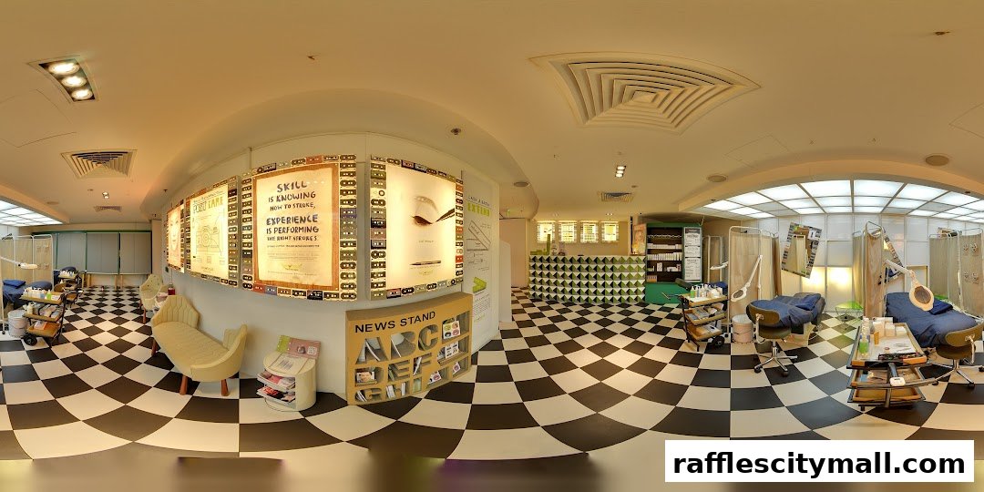 Interior of a beauty salon with treatment beds, mirrors, and informative posters.