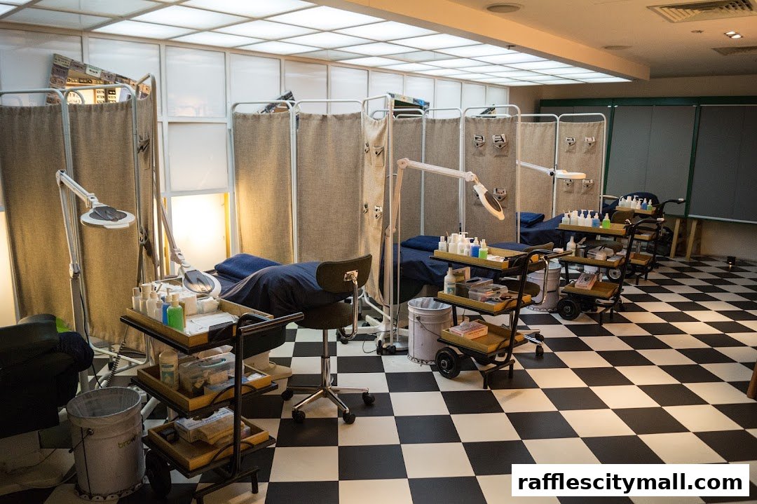Interior of a beauty salon with multiple treatment beds and trolleys.