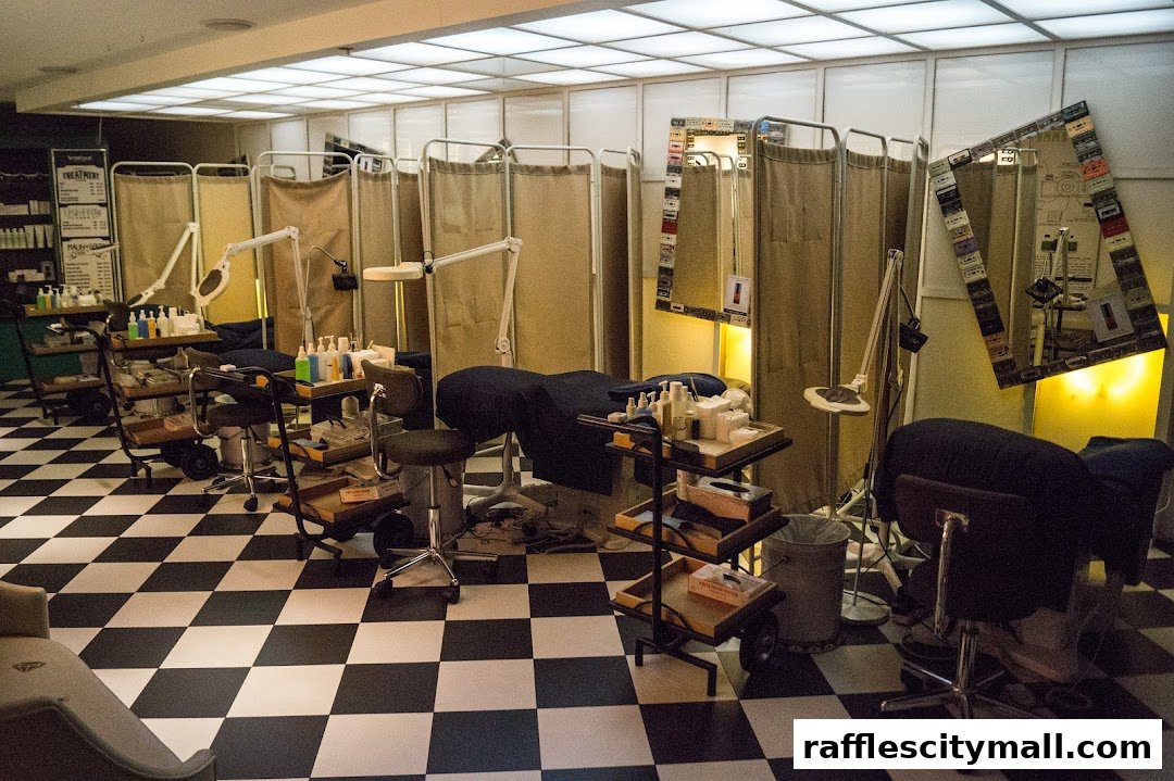 Interior of a beauty salon with treatment beds, chairs, and products.