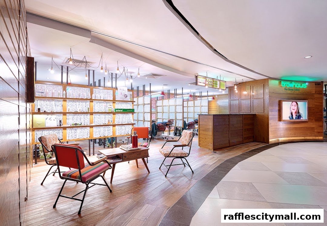 Interior of Browhaus Raffles City, featuring a reception desk, seating area, and shelves stocked with products.