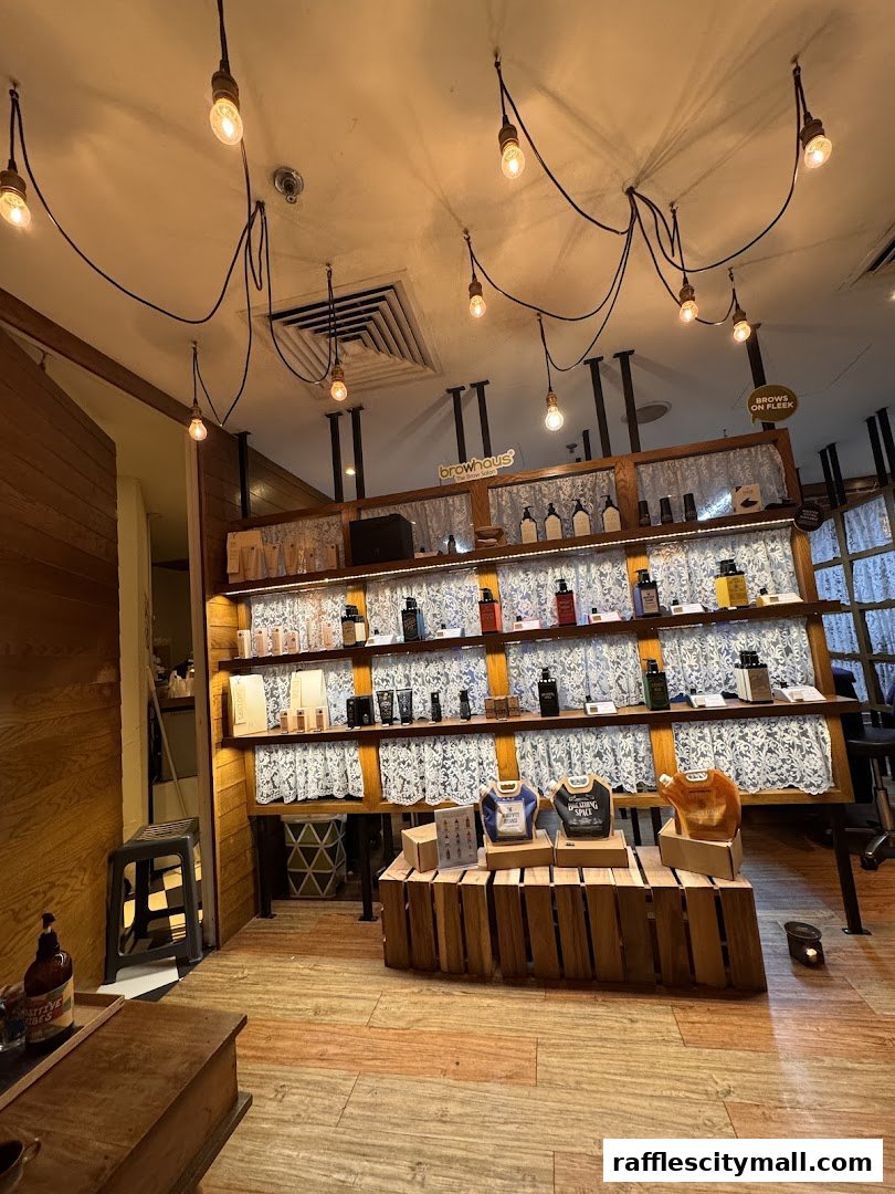 Interior of Browhaus Raffles City showcasing shelves of beauty products and decorative lighting.