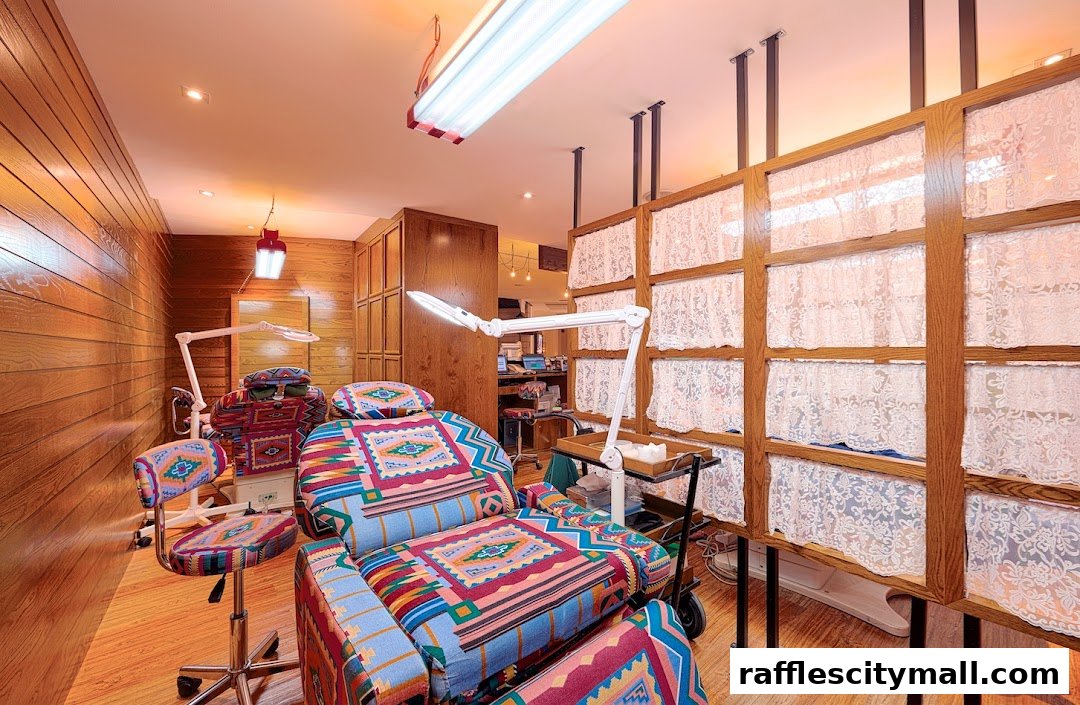 Interior of a beauty salon with colorful patterned chairs and lace-covered partitions.