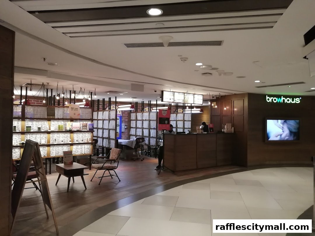 Interior view of Browhaus Raffles City, showcasing the reception area and retail display.