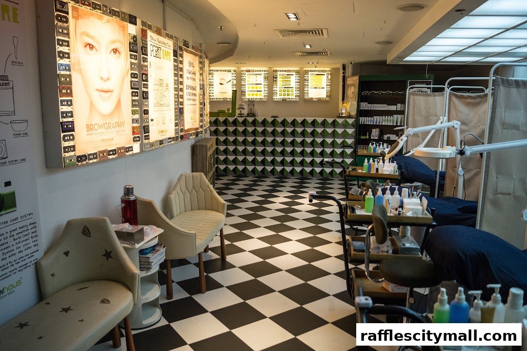 Interior of a beauty salon with treatment beds, chairs, and product displays.