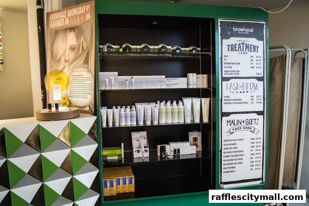A display shelf filled with various skincare and brow products, with a price list on the right.