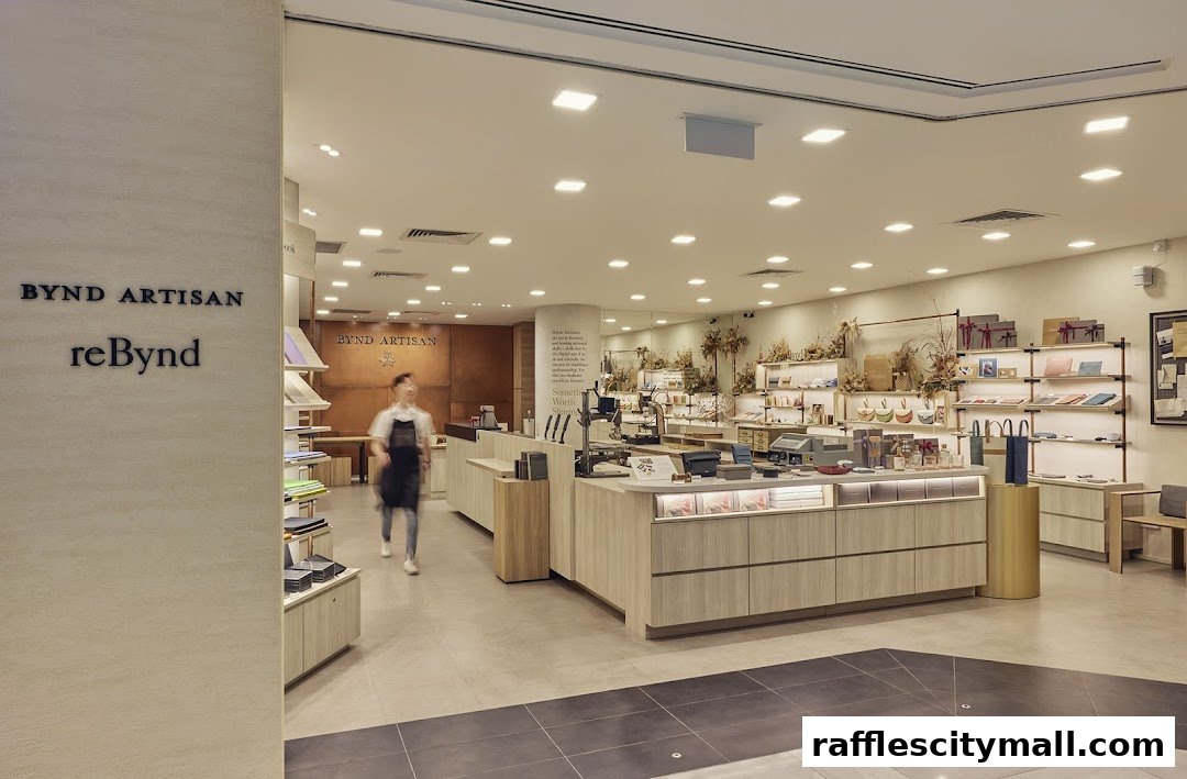 Interior view of a well-lit retail store with shelves displaying various products and a central counter.