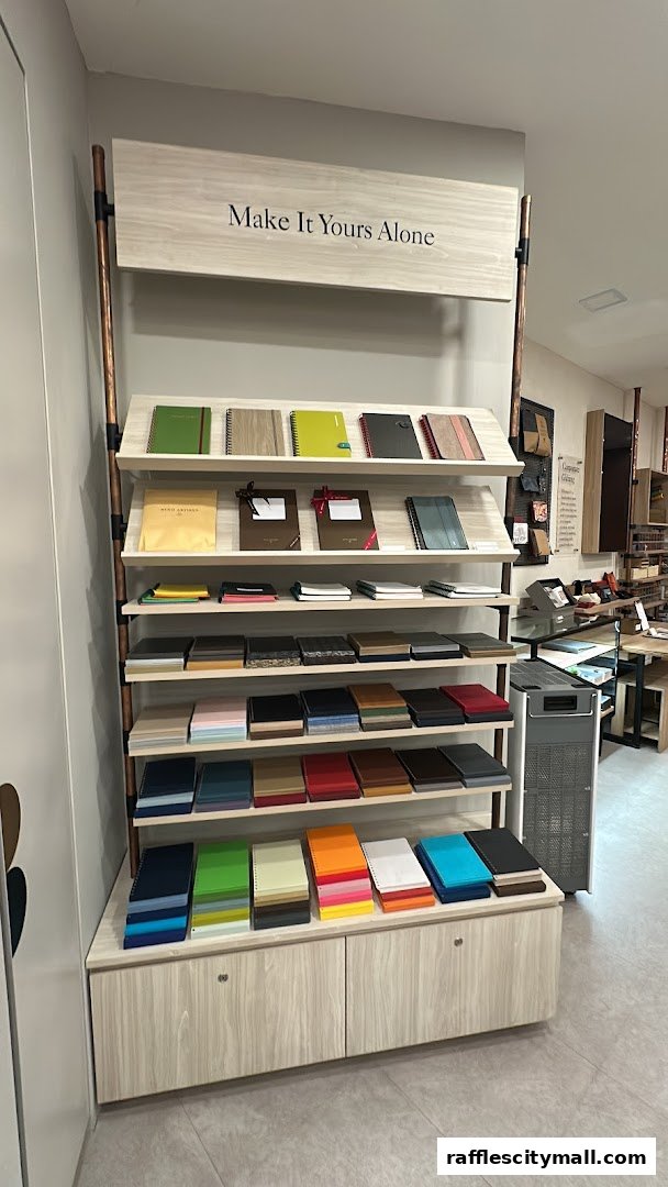 A display shelf showcasing a variety of notebooks and paper samples in different colors.