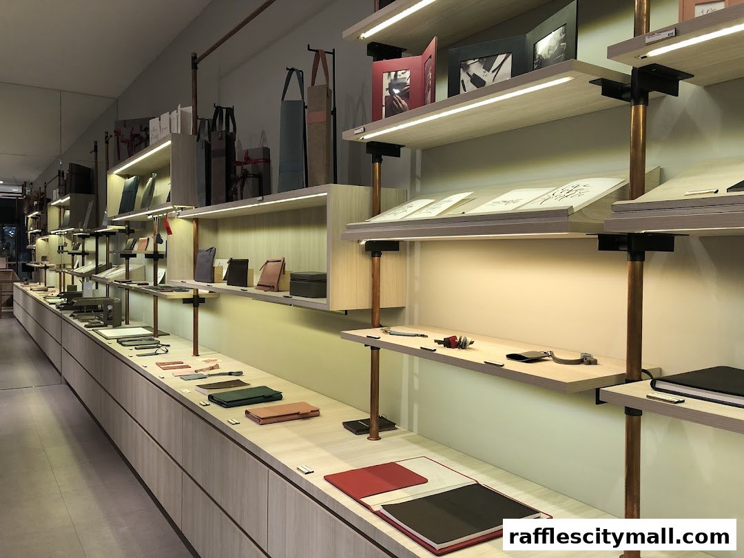 Interior view of a well-lit retail store showcasing leather goods and stationery on shelves.