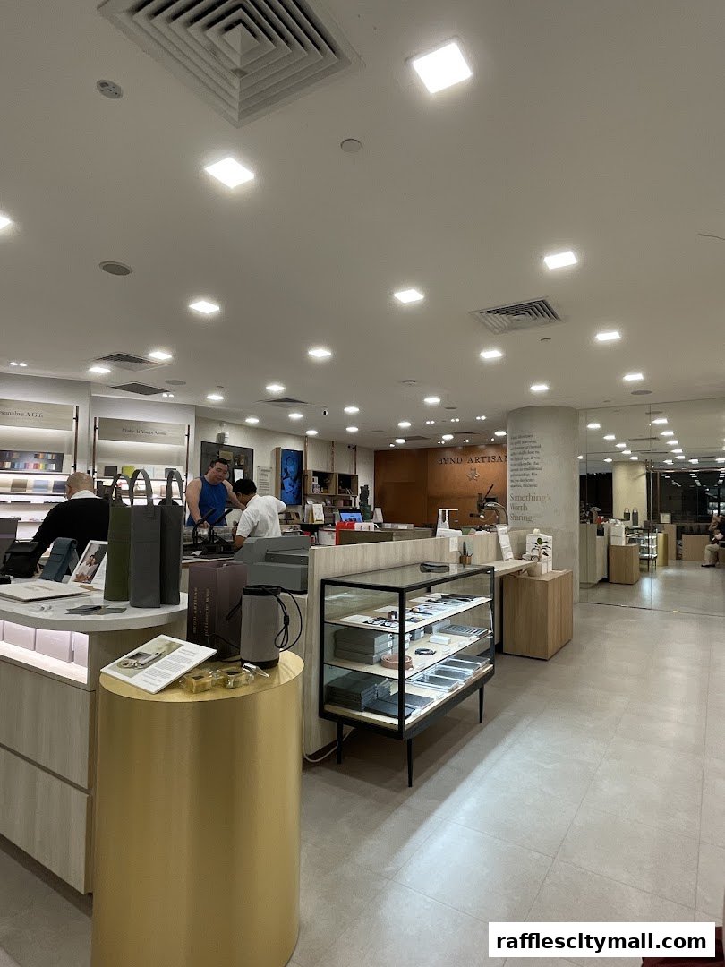 Interior view of a well-lit retail store with display cases and staff assisting customers.
