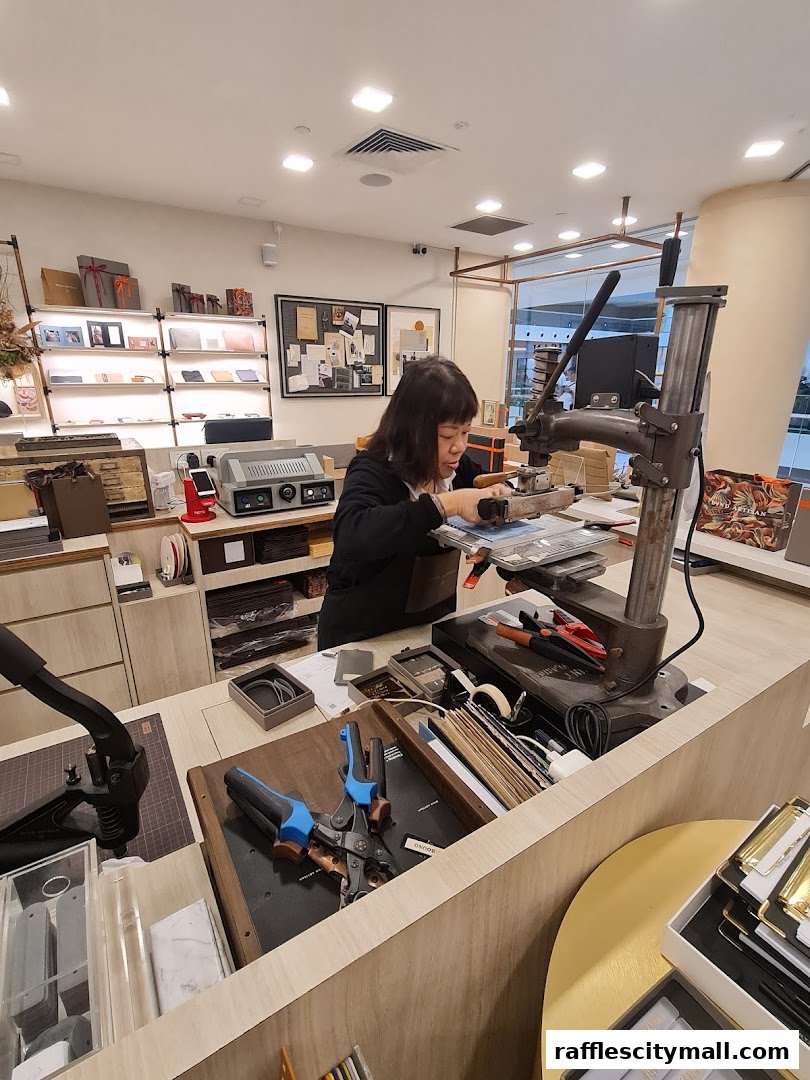 A woman works at a counter with tools and leather goods in a well-lit atelier.
