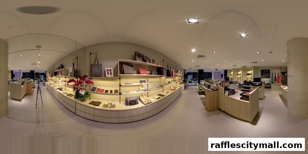 Interior view of a modern retail store showcasing leather goods and accessories on display shelves.