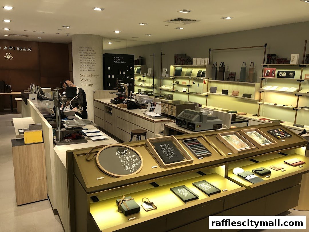 Interior view of a well-lit shop showcasing leather goods and stationery with a staff member at the counter.