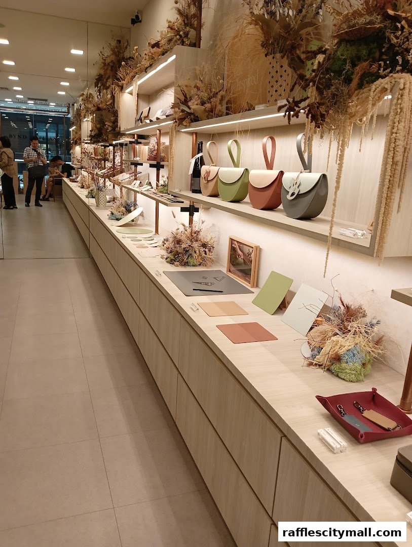 Interior view of a stylish shop displaying leather goods and accessories with dried floral arrangements.