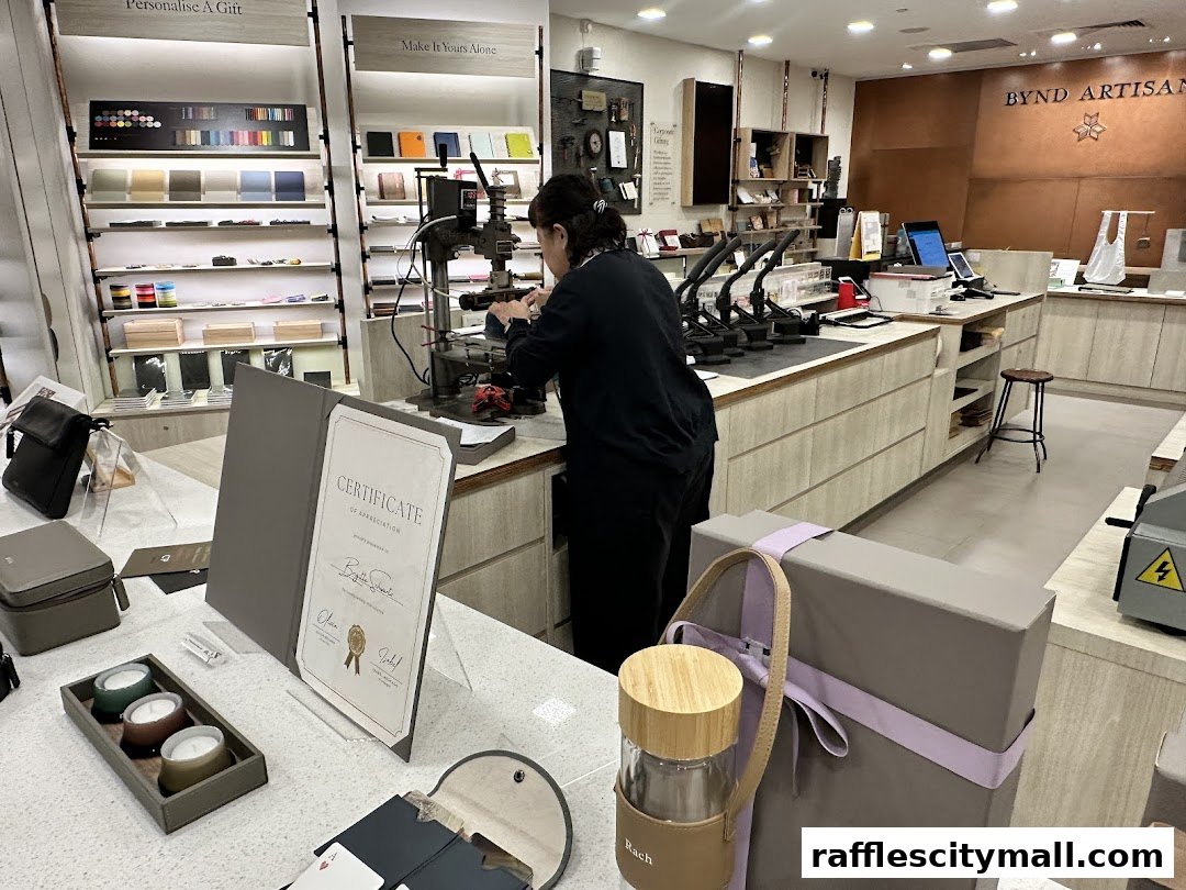 A person personalizes a leather product at a counter in a well-lit artisan workshop.