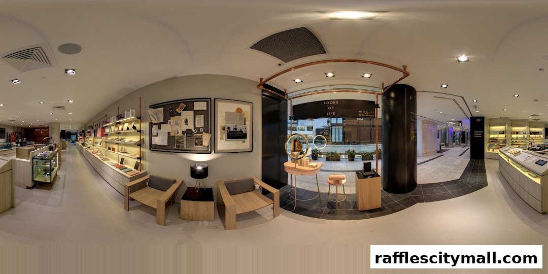 Interior view of a modern retail store with shelves displaying products and seating areas.