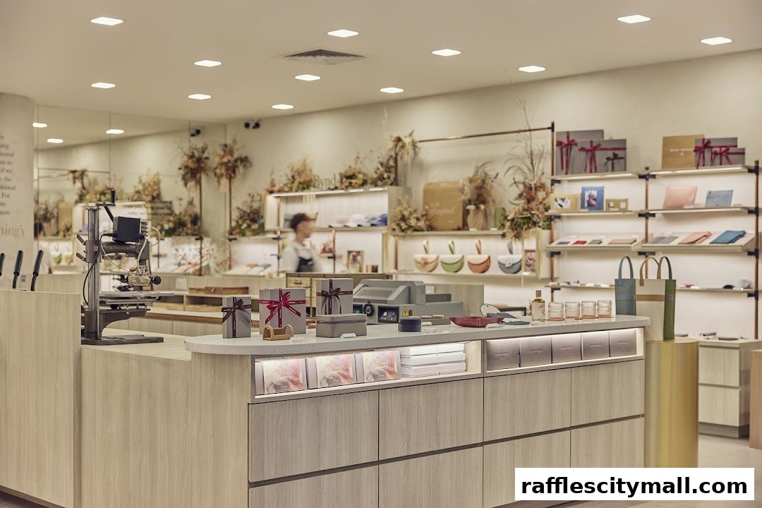 Interior view of a well-lit retail store with display shelves showcasing leather goods and accessories.